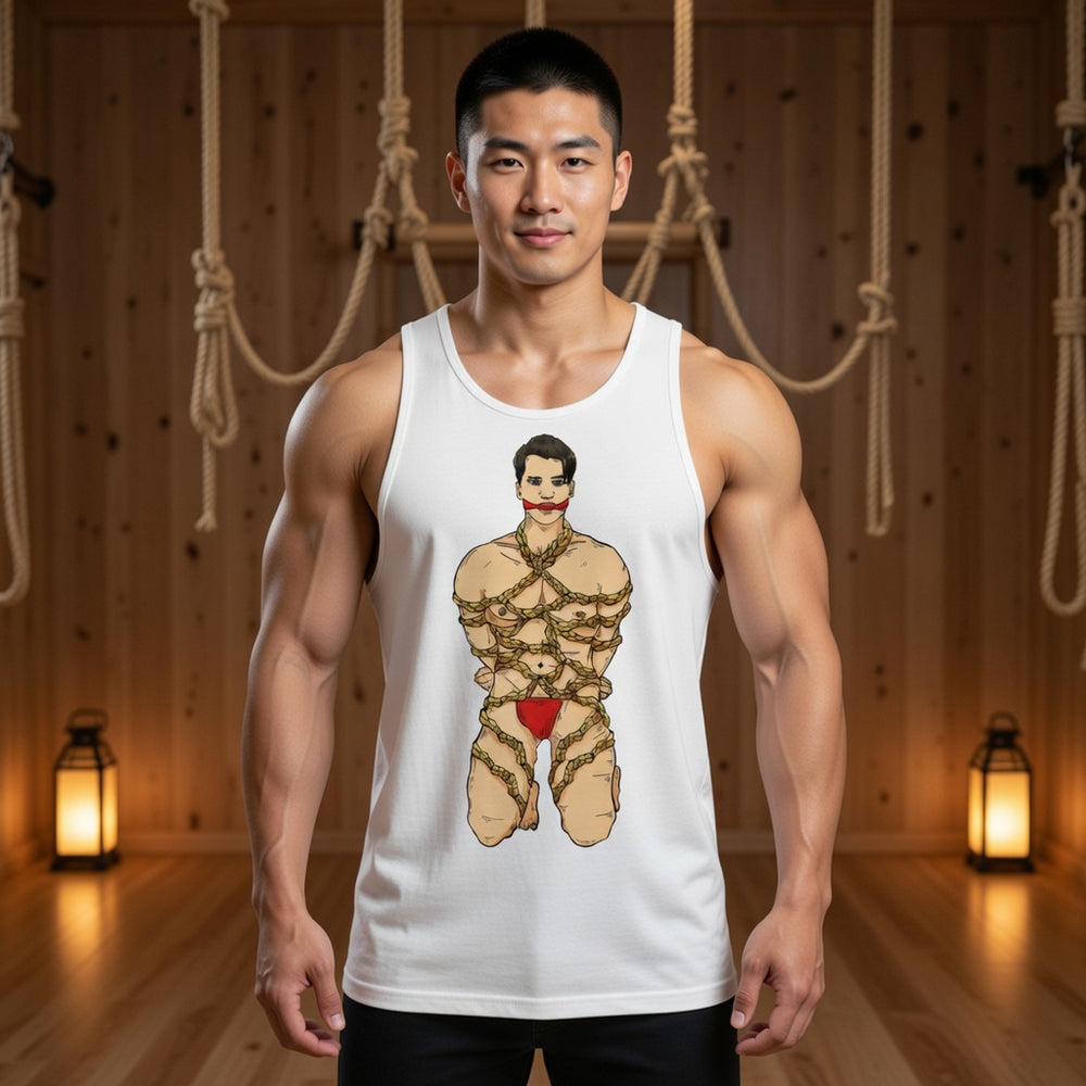 Shibari Muscle Top: white sleeveless shirt with a rope-bound figure in red underwear