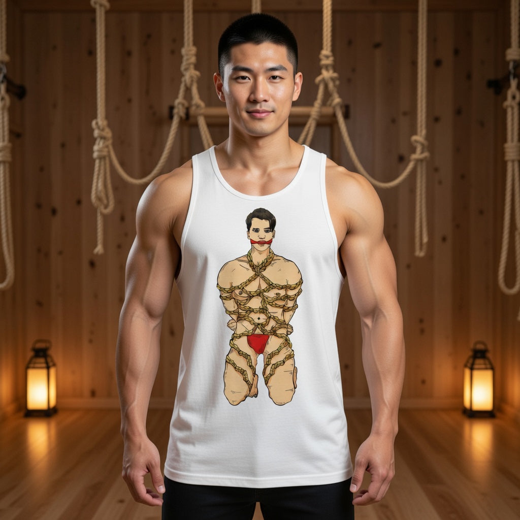 Shibari Muscle Top: white sleeveless shirt with a rope-bound figure in red underwear