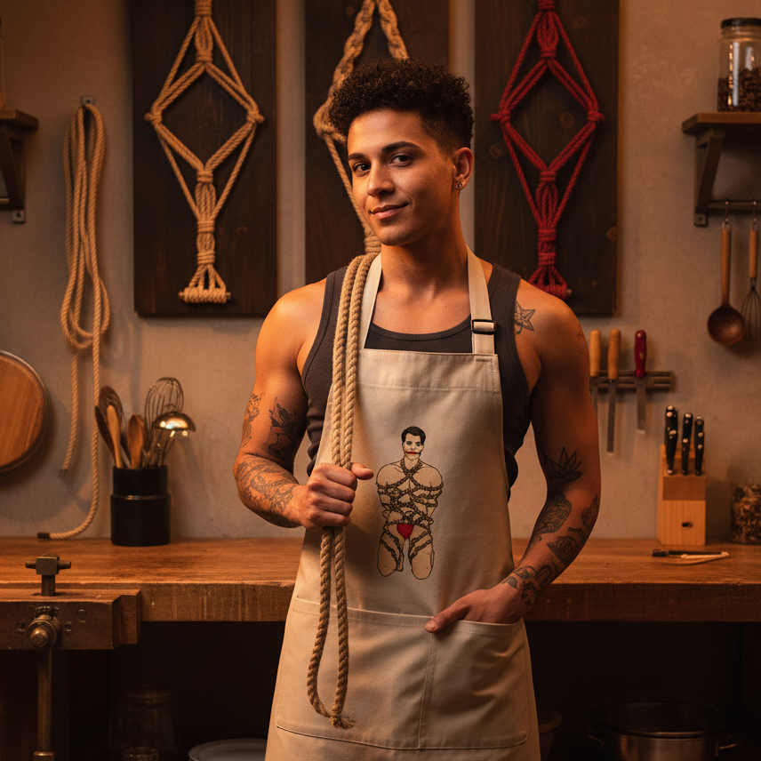 Person wearing a tan apron with a bound cartoon figure and rope in a woodworking studio
