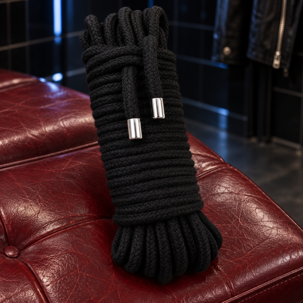 black cotton rope hank with two silver end caps in a leather-room setting.