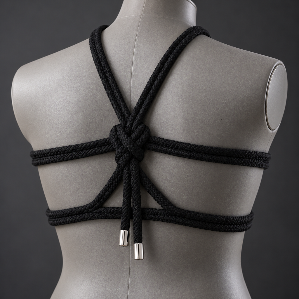 Black cotton rope arranged in a geometric pattern across the back of an artificial display torso, with two silver-capped ends.