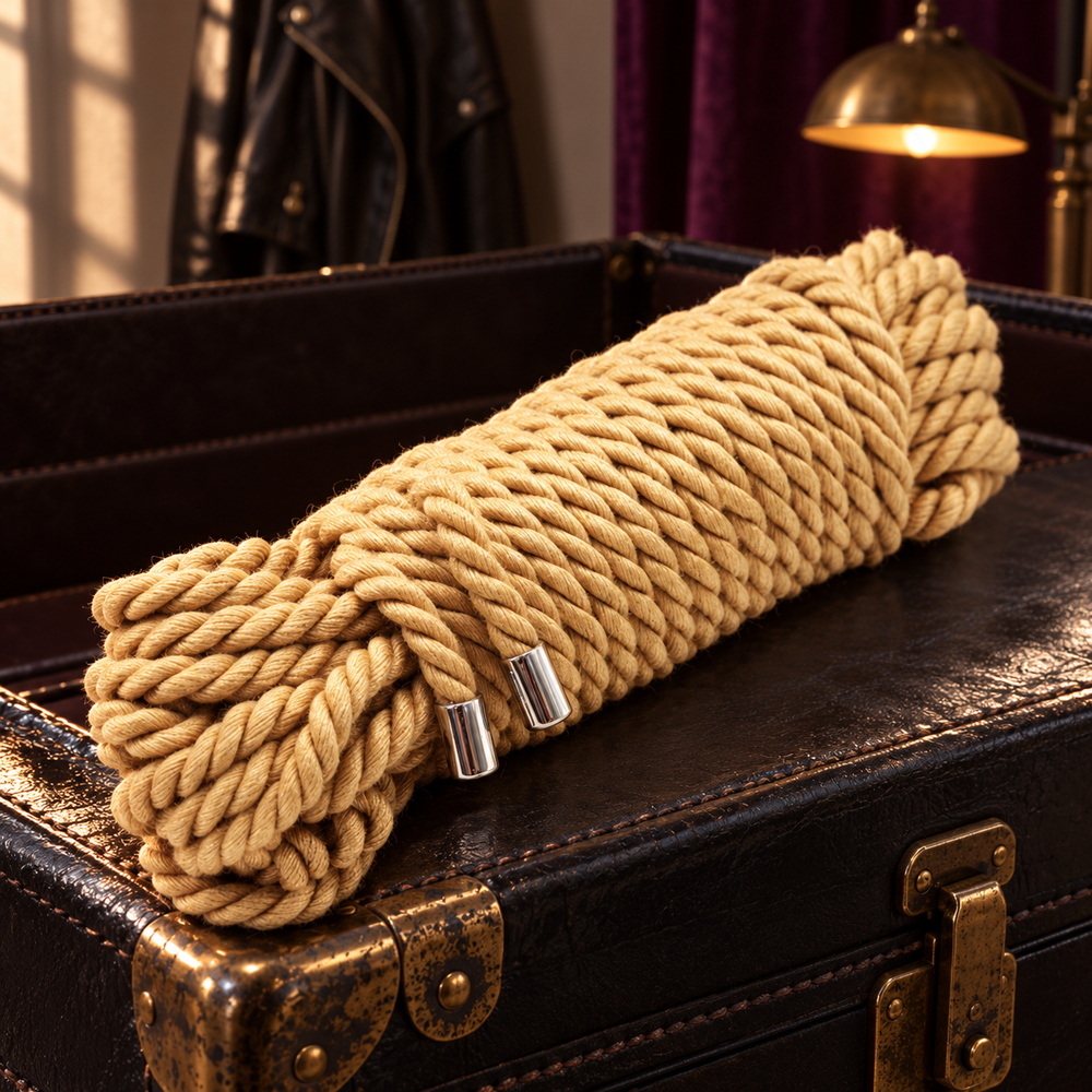 yellow cotton rope hank with two silver end caps in a leather-room setting.
