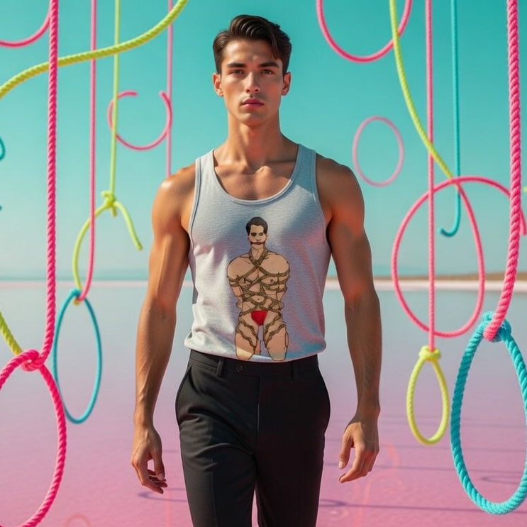 Shibari Unisex Tank Top on a muscly guy in red briefs, strutting through colorful ropes and on pink-turquoise