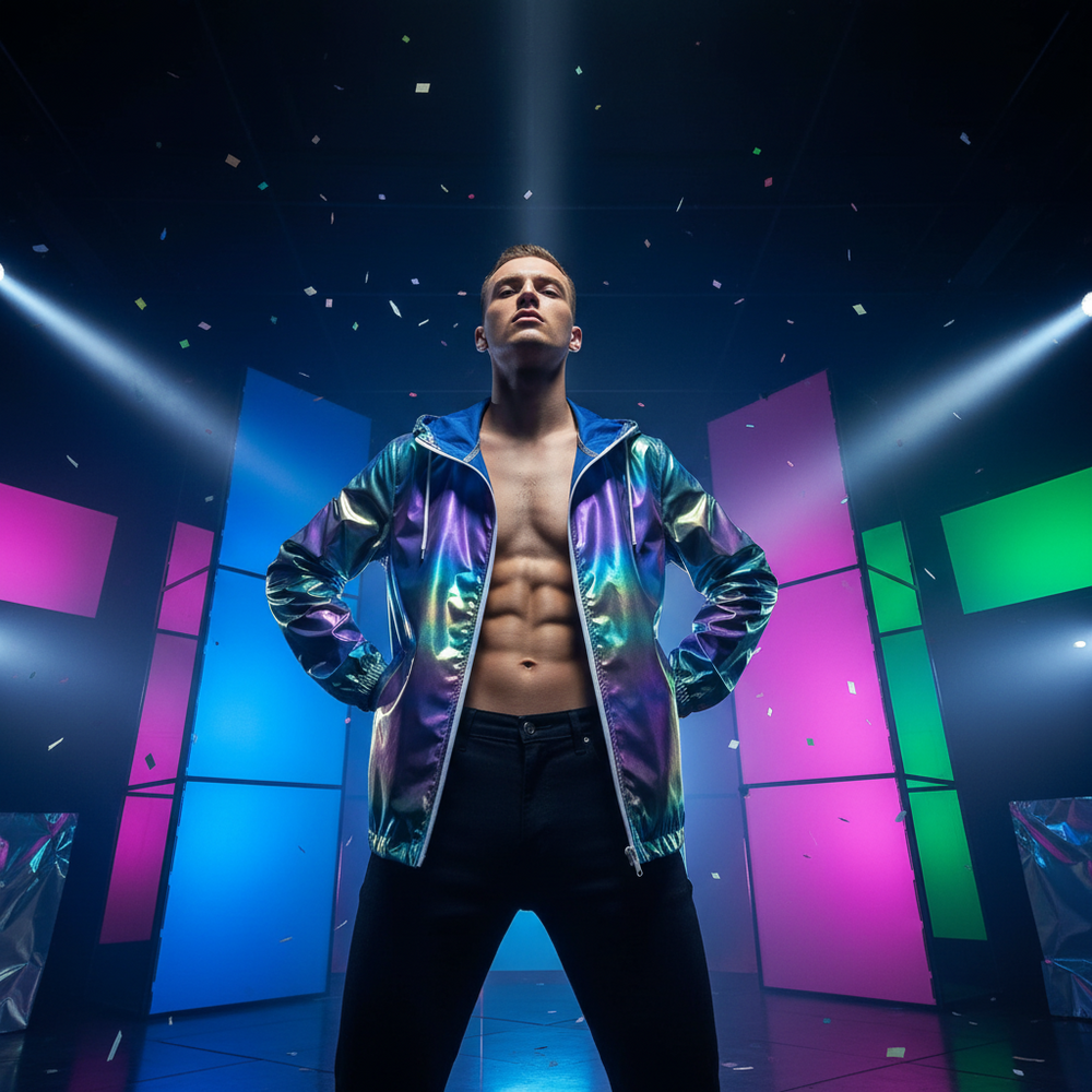 Holographic hooded rave jacket worn open by a model under colorful club lights