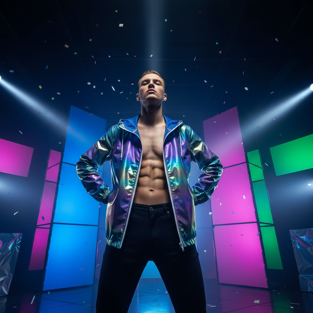 Young athletic man showcasing the Shimmer Rave Ultra-Thin Holographic Jacket, unzipped to reveal his torso, in a vibrant, dynamic setting with colorful lights and confetti, exuding bold queer confidence and self-expression.
