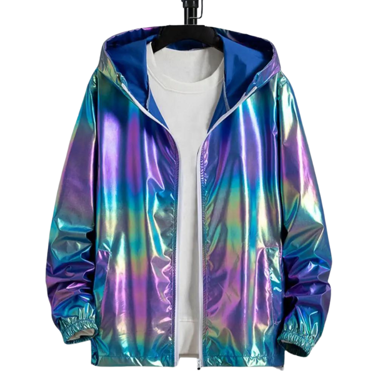 Front view of an iridescent holographic hooded jacket with zipper and elastic cuffs