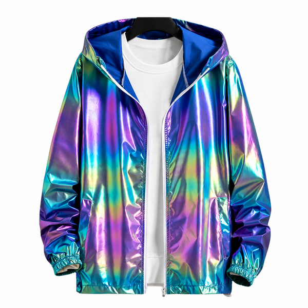 Iridescent holographic hooded jacket with front zipper and elastic cuffs