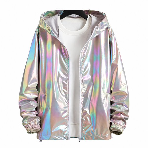 Holographic hooded jacket with iridescent finish, front zipper, and elastic cuffs