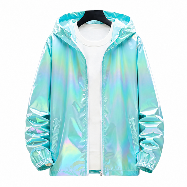 Iridescent aqua hooded windbreaker jacket with zip front and elastic cuffs