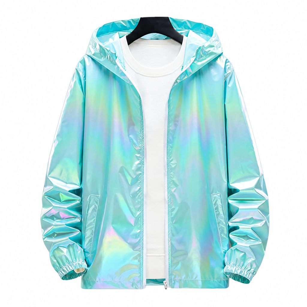 Iridescent aqua hooded windbreaker jacket with zip front and elastic cuffs