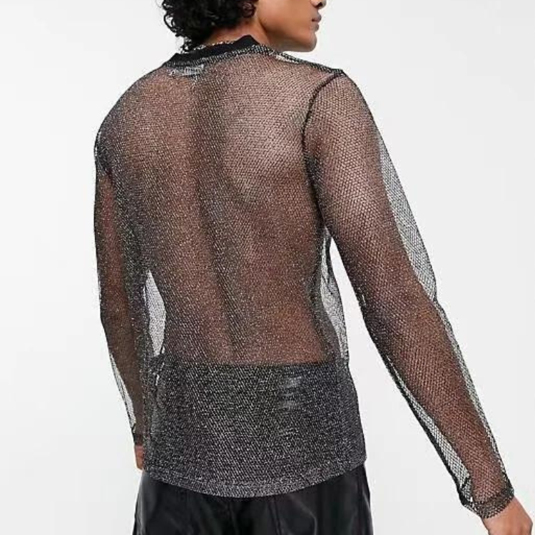 Back view of a person wearing a long-sleeved sheer black mesh shirt with subtle shimmer