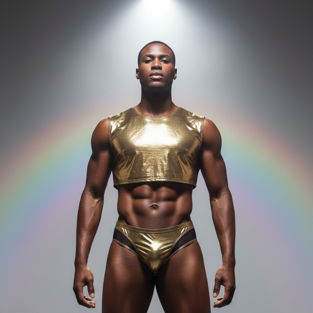 Front-facing model wearing a metallic gold sleeveless crop top and matching briefs