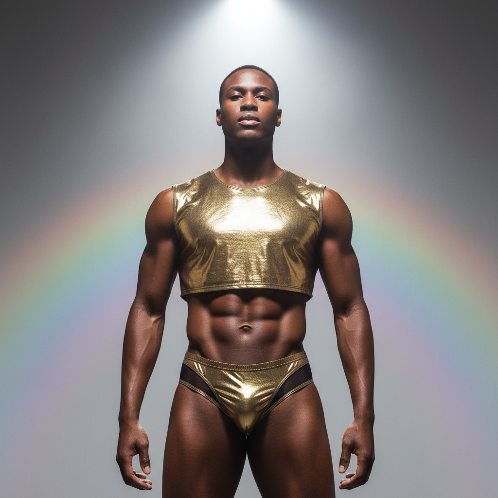 Front-facing model wearing a metallic gold sleeveless crop top and matching briefs