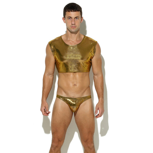 Front-facing model wearing a metallic gold sleeveless crop top and matching briefs