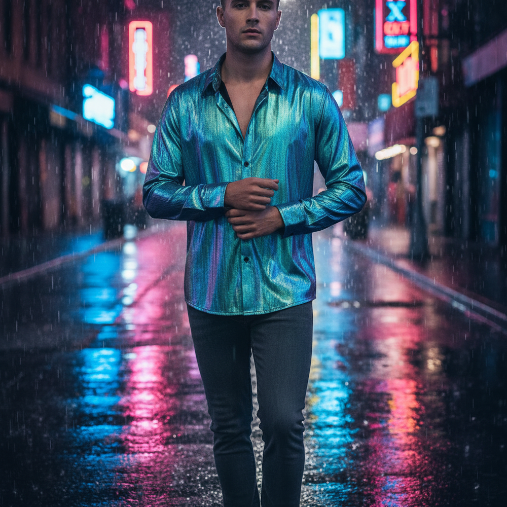 Front-facing person wearing a shiny teal long-sleeve lapel shirt in a rainy neon-lit street