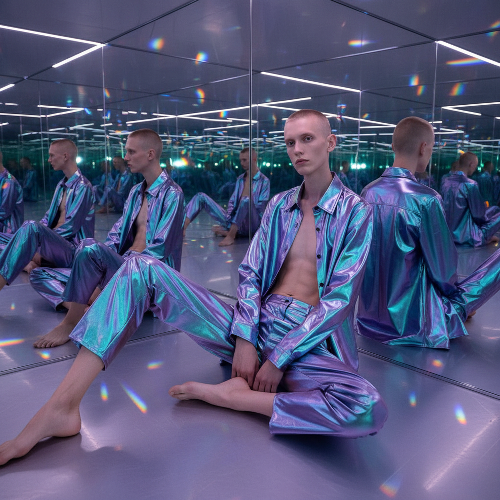Model wearing an open iridescent purple lapel shirt in a mirrored room