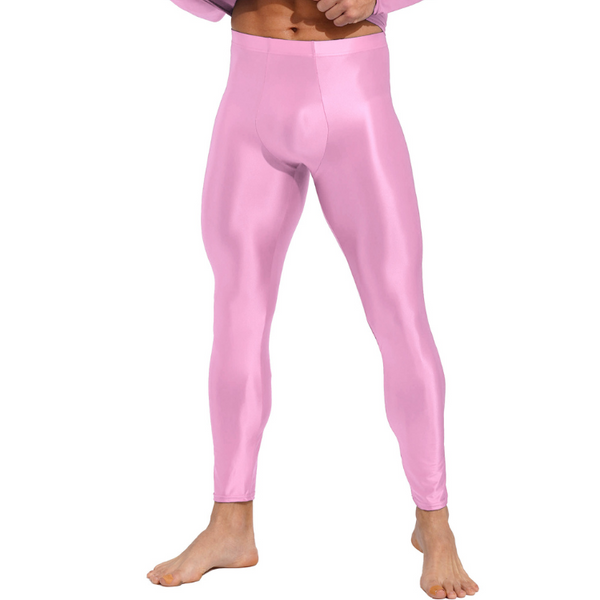 Front view of a person wearing shiny pink full-length men's compression leggings