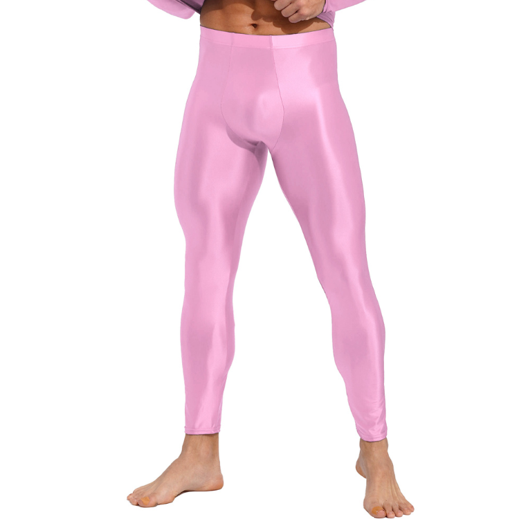 Front view of a person wearing shiny pink full-length men's compression leggings