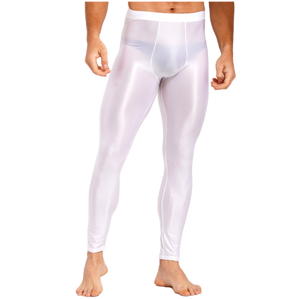 Front view of a person wearing shiny white full-length compression leggings