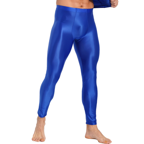 Front view of a person wearing shiny royal-blue men's compression leggings