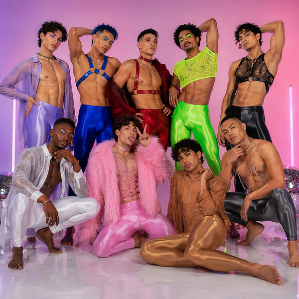 Group of models in colorful shiny leggings and fashion outfits posed against a pink backdrop