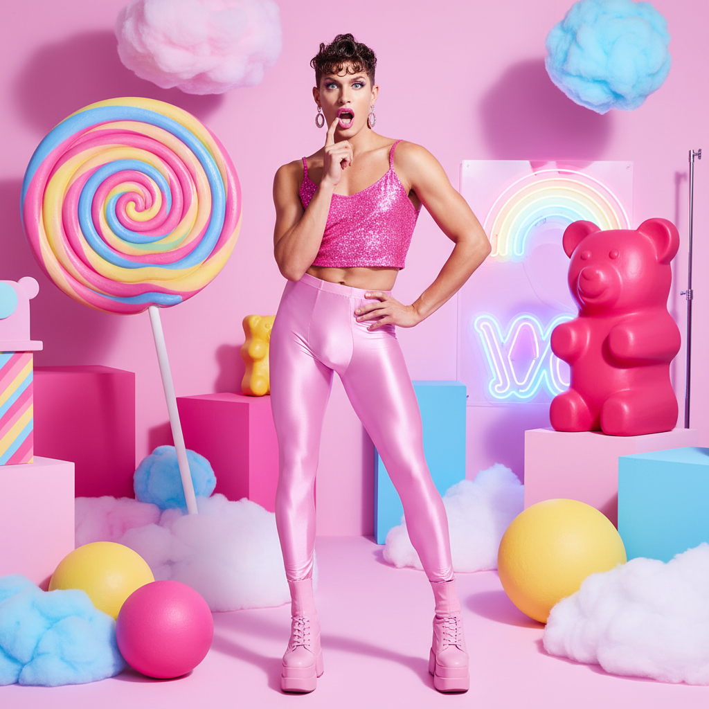 Model wearing shiny pink high-waisted compression leggings in a colorful candy-themed set