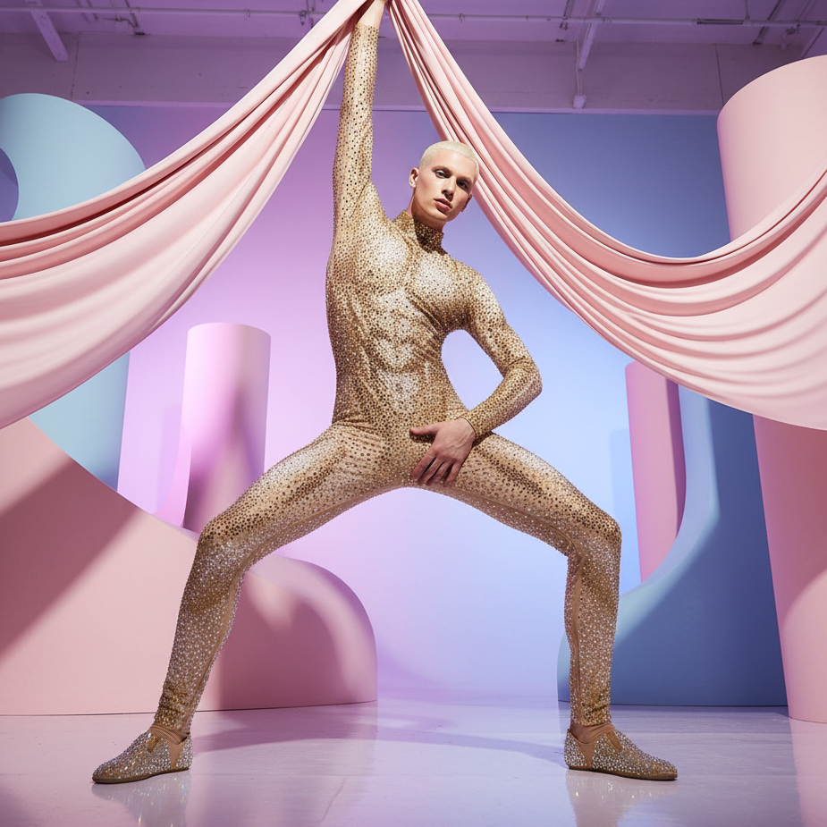 Model in a full-length champagne rhinestone-studded muscle jumpsuit and matching shoes