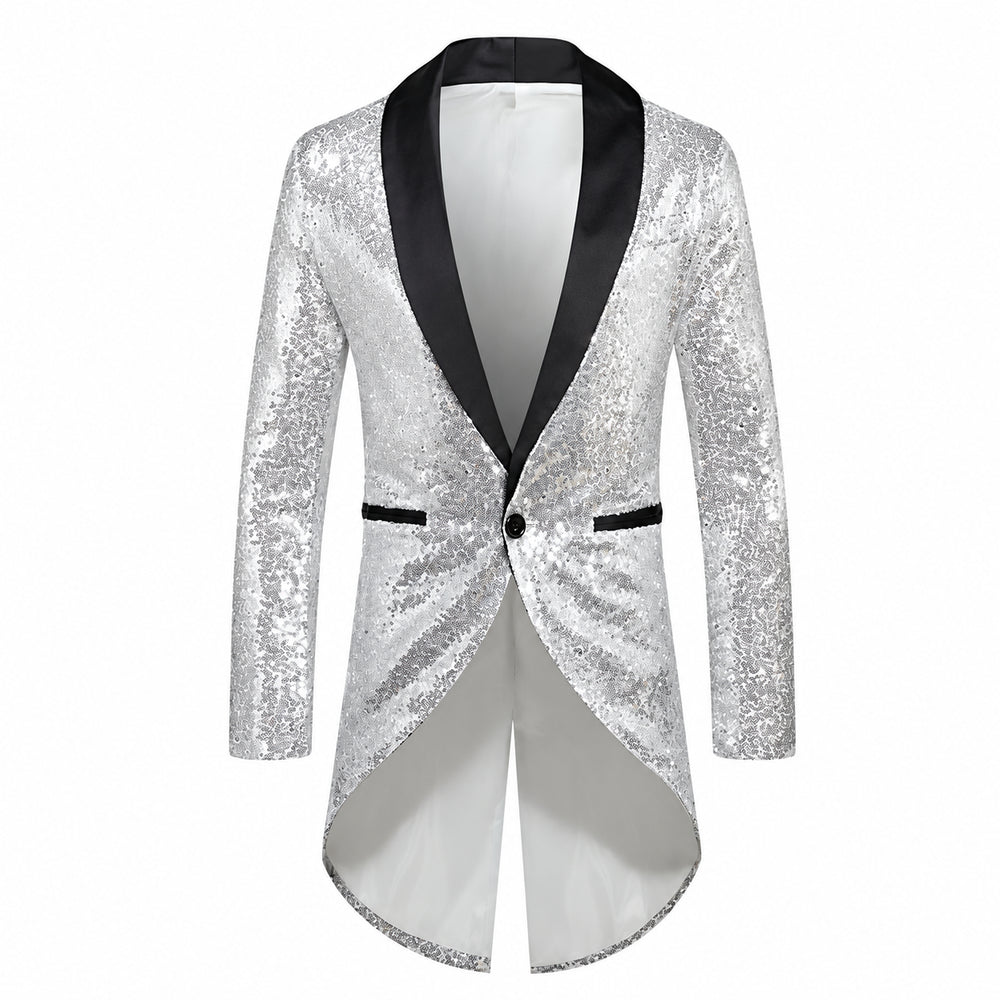 Front view of a silver sequin tuxedo jacket with black shawl lapels and tails