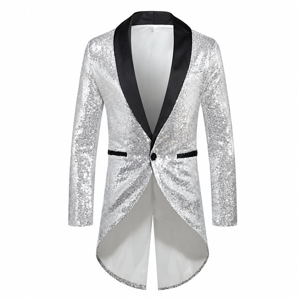 Front view of a silver sequin tuxedo jacket with black shawl lapels and tails