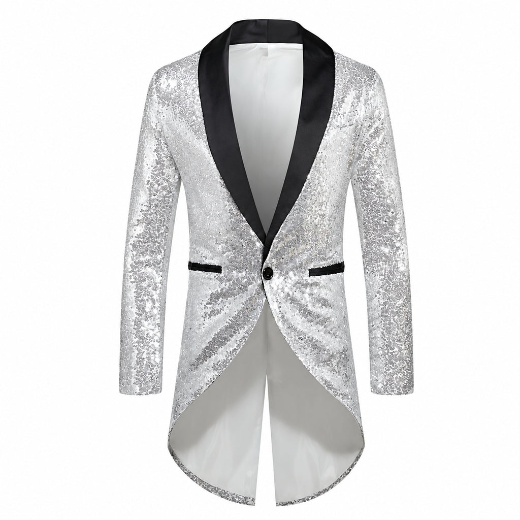 Front view of a silver sequin tuxedo jacket with black shawl lapels and tails