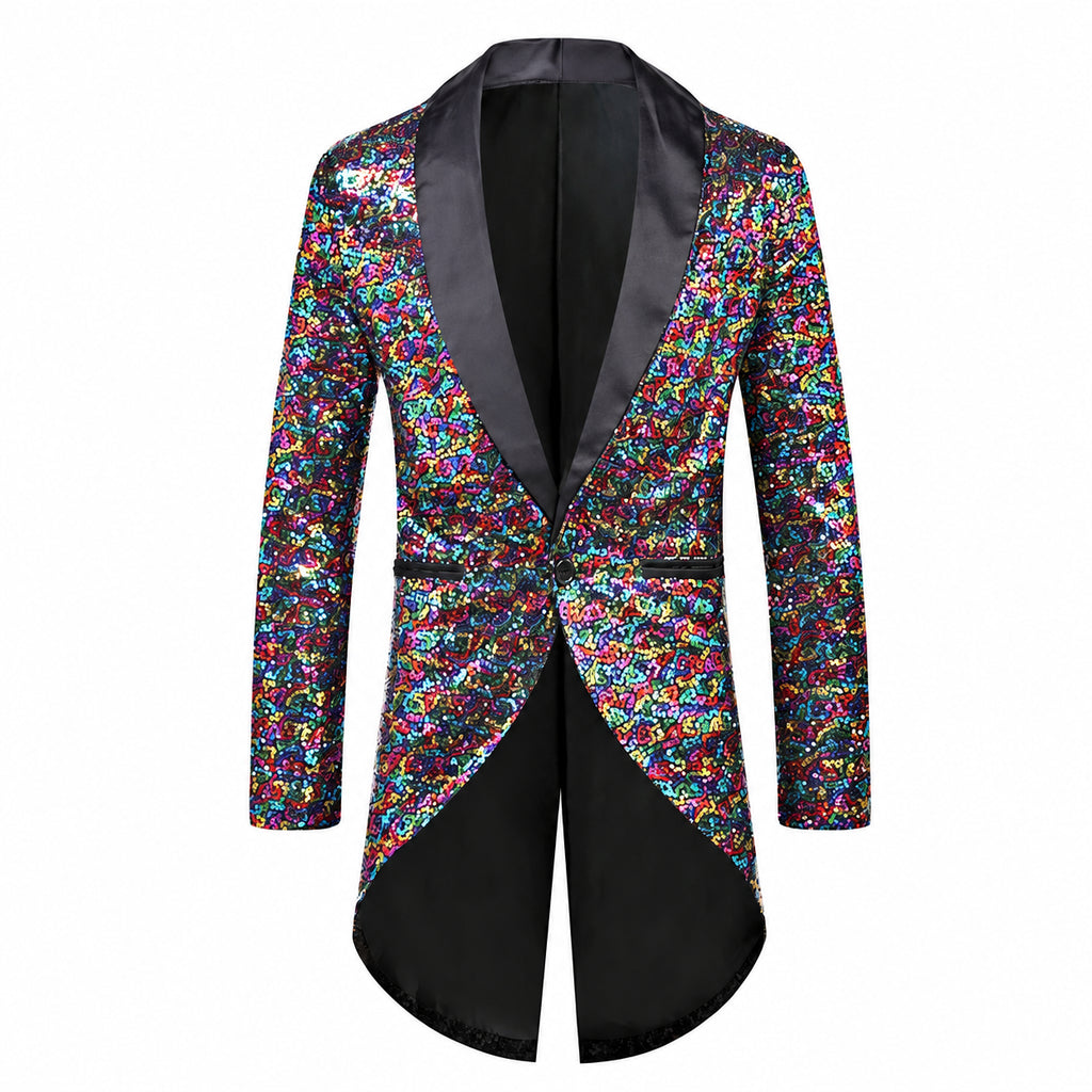 Front view of a rainbow sequin tuxedo jacket with black satin lapels and tails