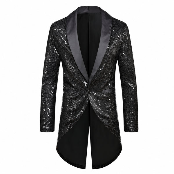 Front view of a black sequined tuxedo jacket with satin shawl lapels and split tails
