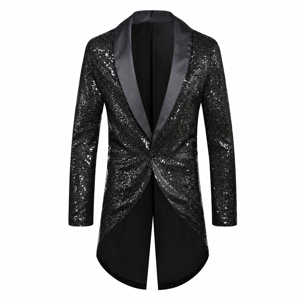 Front view of a black sequined tuxedo jacket with satin shawl lapels and split tails