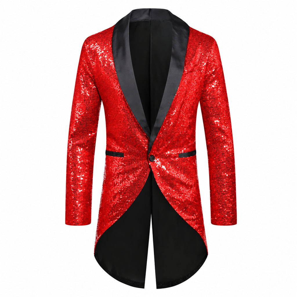 Front-view red sequin tuxedo jacket with black satin lapels and tails