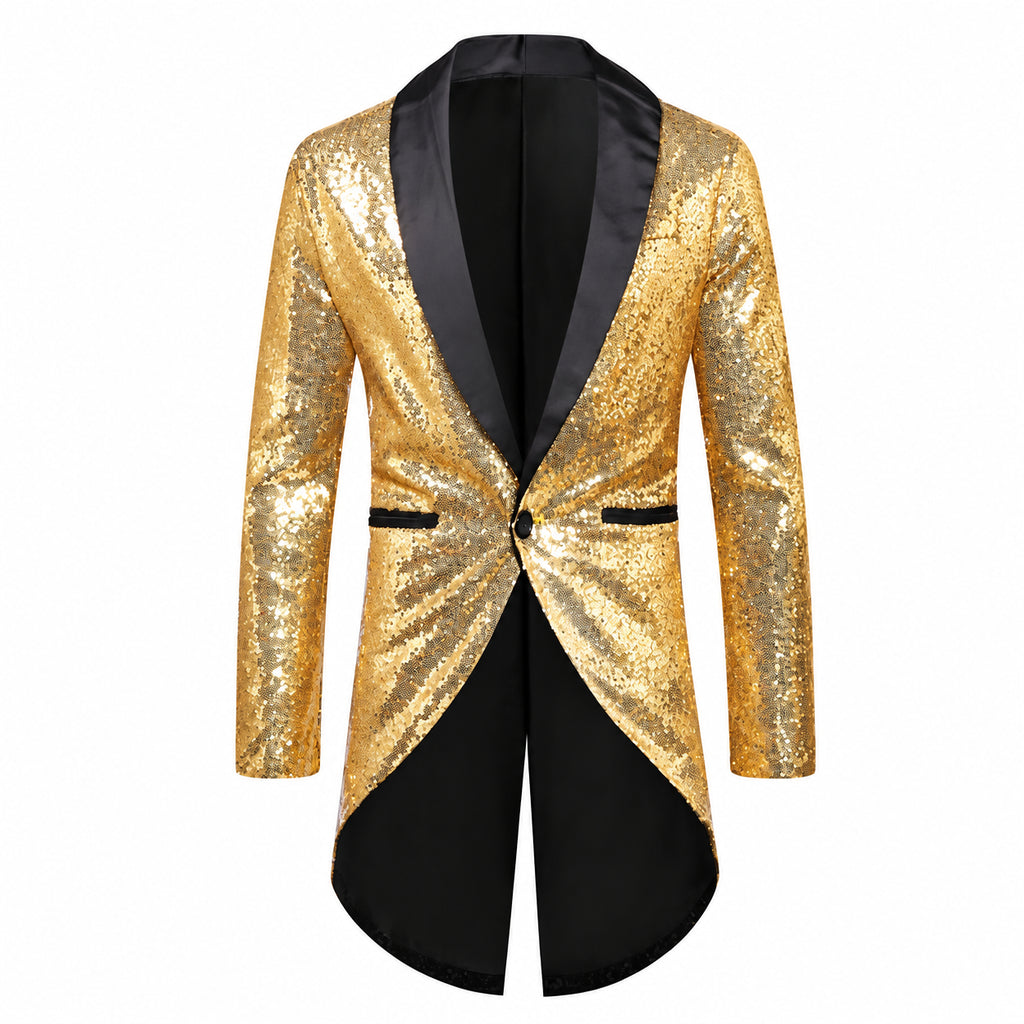 Front-view gold sequin tuxedo jacket with black satin lapels and tails