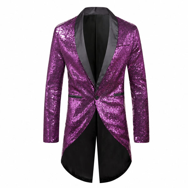 Front view of a purple sequin tuxedo jacket with black satin lapels and tails