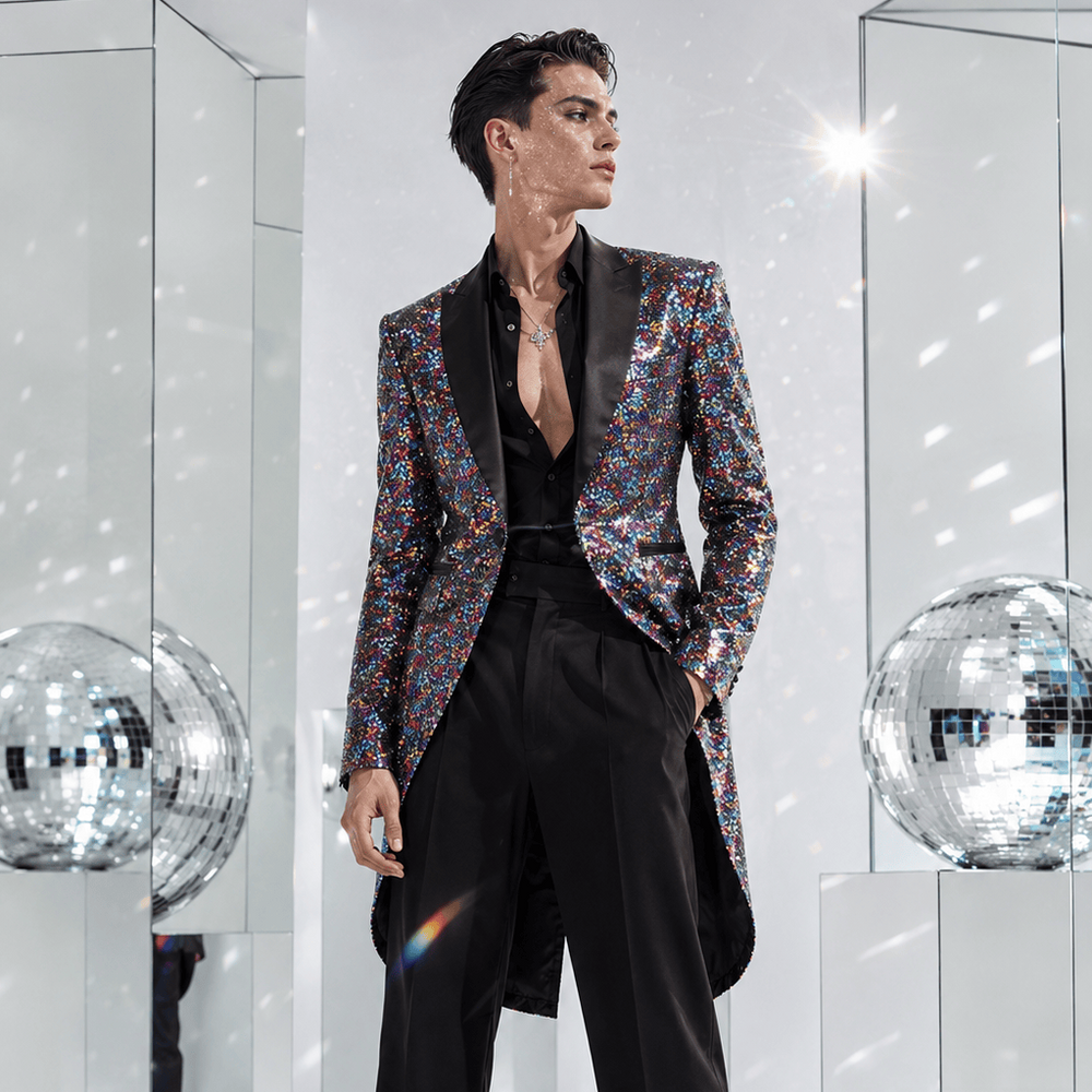 Model wearing a multicolored sequin tuxedo jacket with black lapels and trousers