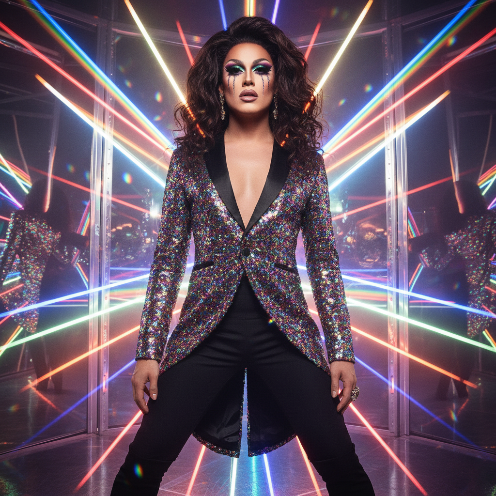 Person confidently showcases the Shiny Rainbow Sequin Tuxedo Jacket in a dazzling, mirrored chamber. The jacket's vibrant sequins reflect multicolored light, embodying LGBTQIA+ pride and bold self-expression.