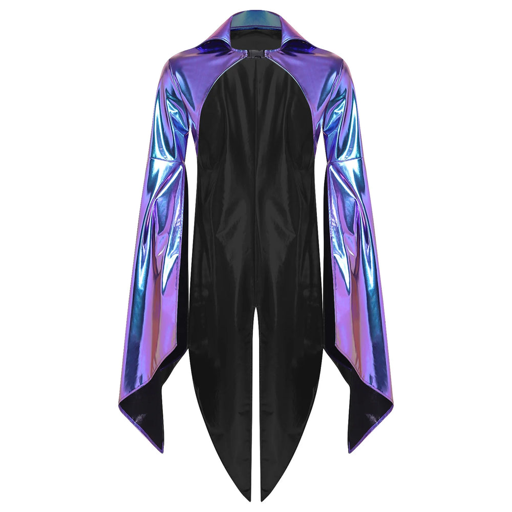 Front view of a black sleeved cloak with iridescent purple-blue panels and pointed tails