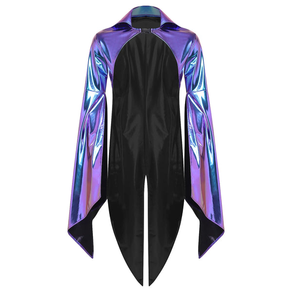 Front view of a black sleeved cloak with iridescent purple-blue panels and pointed tails