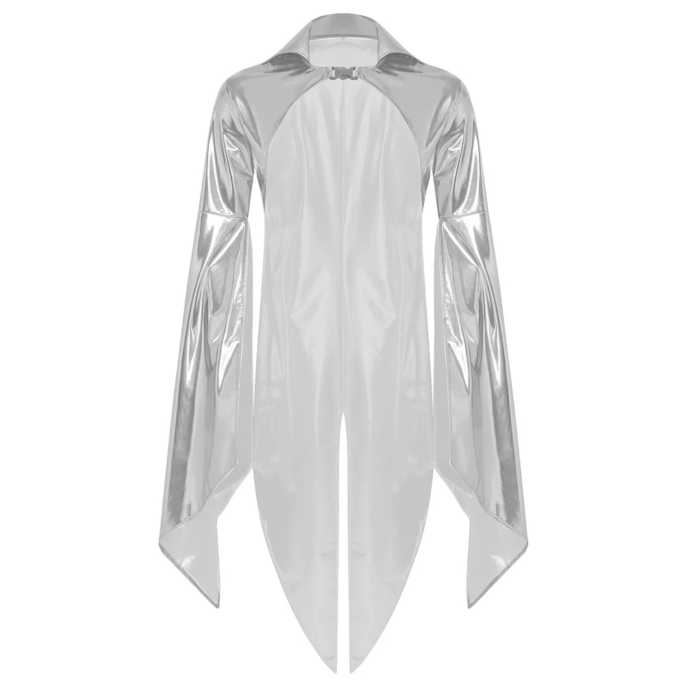 Front view of a shiny silver sleeved cloak poncho with pointed draped panels
