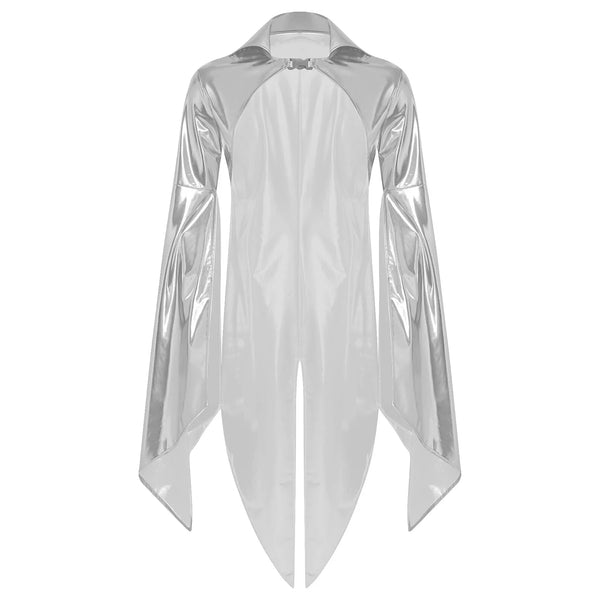 Front view of a shiny silver sleeved cloak poncho with pointed draped panels