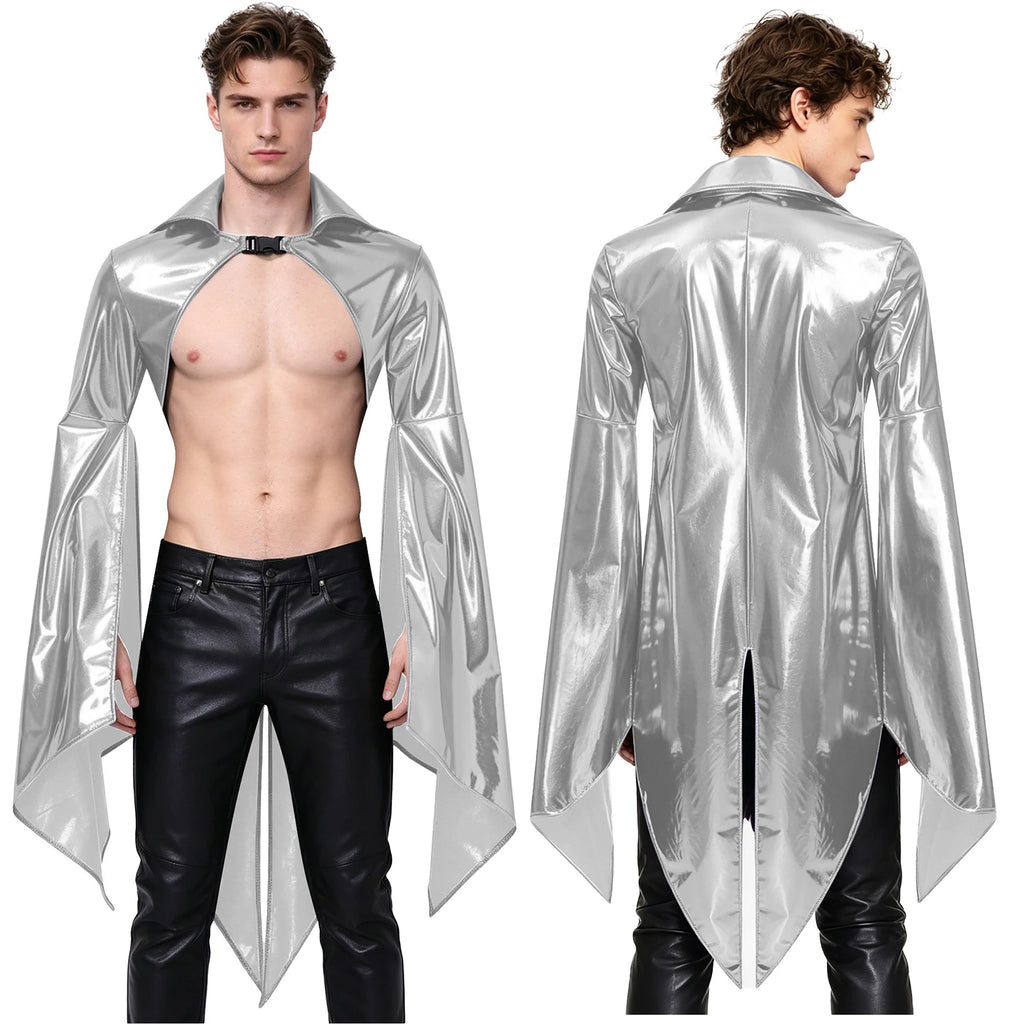 Front and back views of a shiny silver sleeved cloak with an open chest and pointed hem