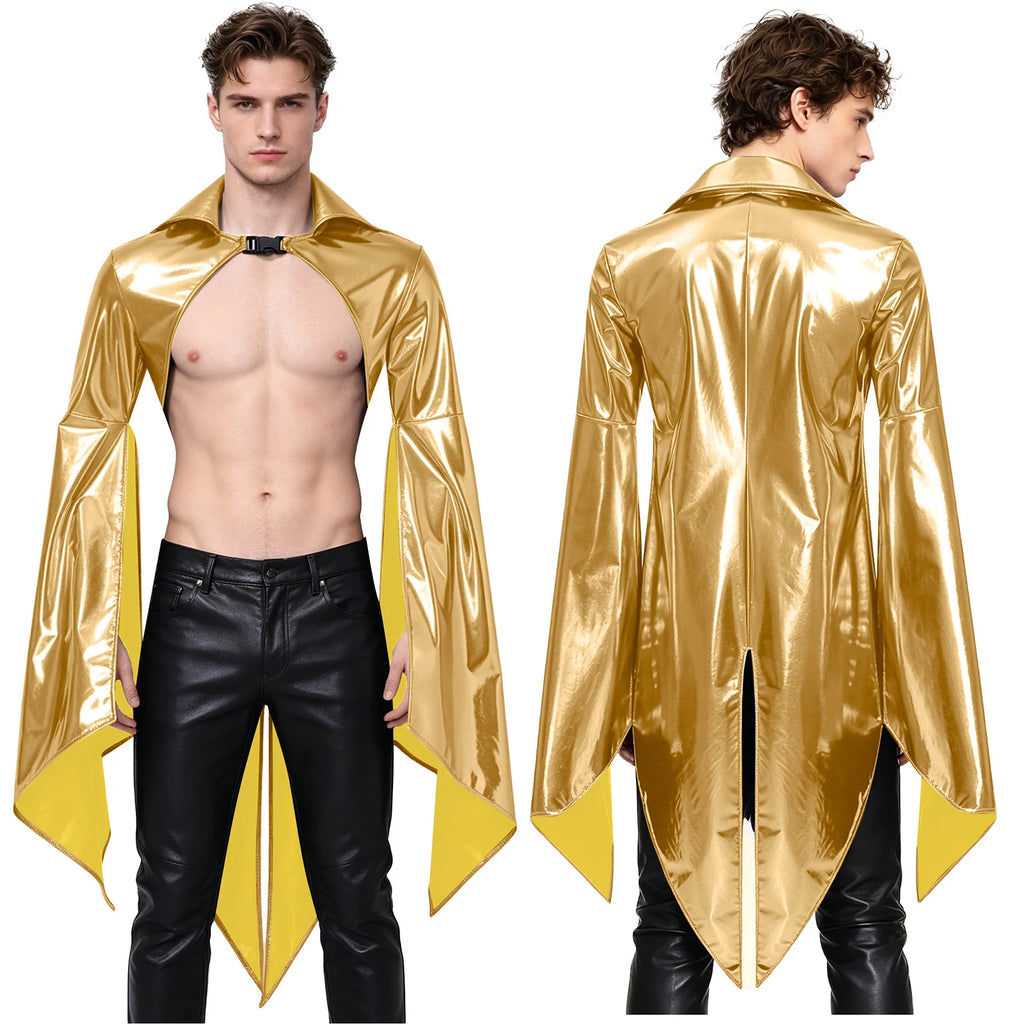 Front and back views of a model wearing a shiny gold sleeved cloak with an open chest