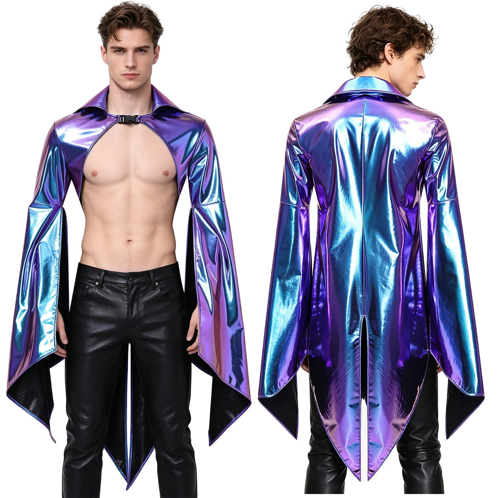 Front and back views of a model wearing a shiny purple-blue sleeved cloak with pointed panels