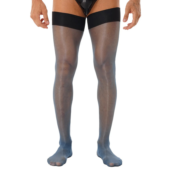 Front view of a model wearing sheer black thigh-high stockings with wide opaque bands