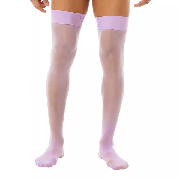 Front view of a person wearing sheer lavender thigh-high stockings with wide bands