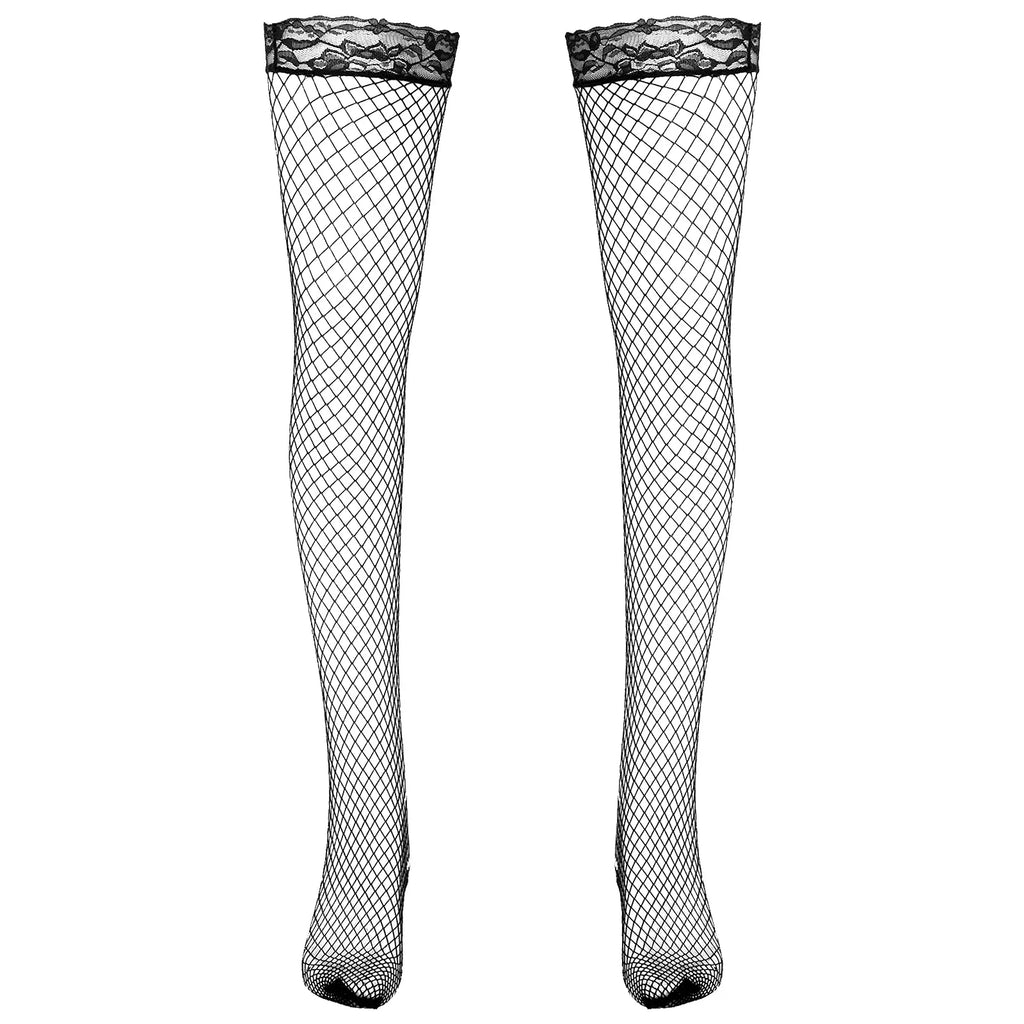 Pair of black fishnet thigh-high stockings with lace tops and open toes, shown flat on white