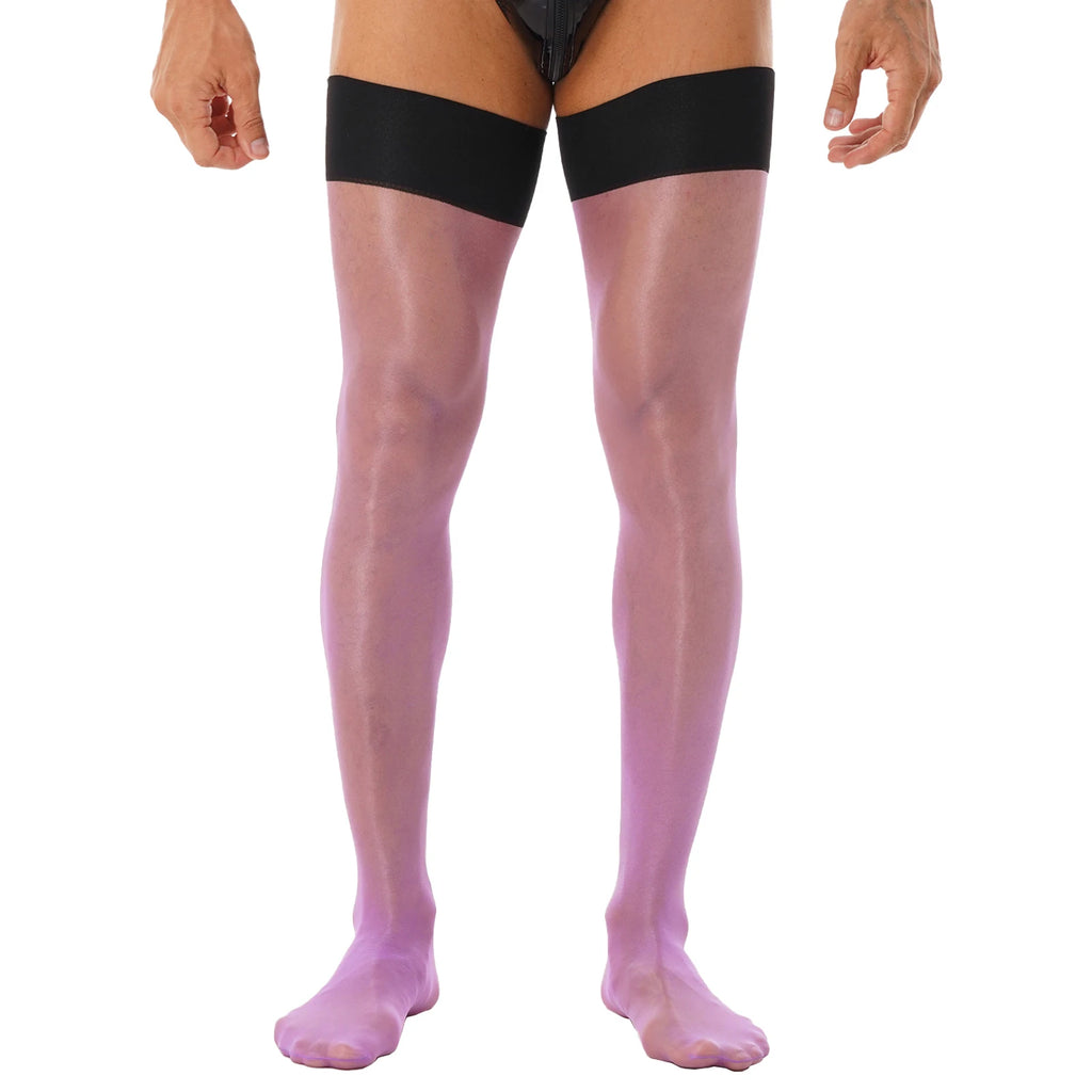 Front view of a model wearing sheer lavender thigh-high stockings with wide black bands