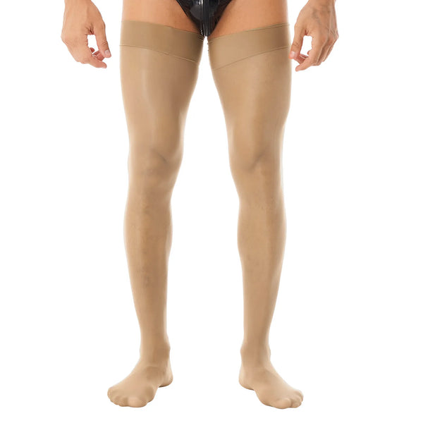 Front view of a person wearing sheer nude thigh-high stockings with wide bands